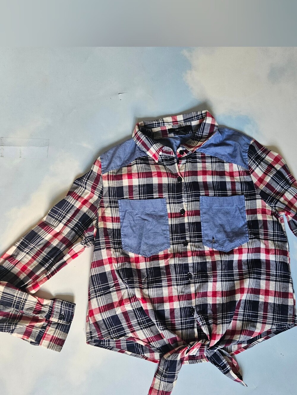 Red, Navy & White Plaid Button-Front Shirt with Chambray Pockets